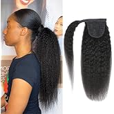 Adette 24 Inches Kinky Straight Ponytail Human Hair Yaki Straight Ponytail Extension for Black Women Wrap Around Ponytail Hai