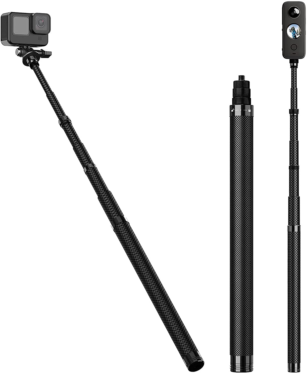 TELESIN 116cm/45 inch Carbon Fiber Selfies Stick for Gopro Max Hero 11 HERO 10 Hero 9,Hero 8/7/6/5/4 insta360 X3/ONE R/ONE X2/ONE/EVO Extendable Selfie Monopod Pole Stick Lightweight