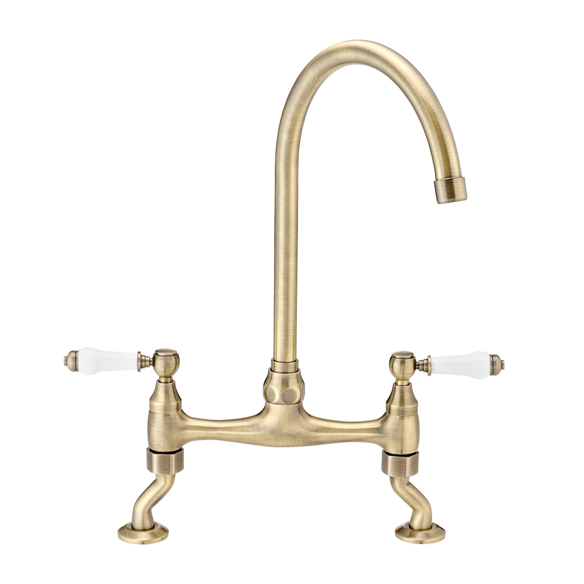 ENKI, Astbury, KT104, Deck Mounted Antique Brass, Kitchen Sink Mixer Tap, Featuring a Swivel Swan Neck Spout and Quarter Turn Ceramic Levers, Solid Brass Construction, Traditional Design