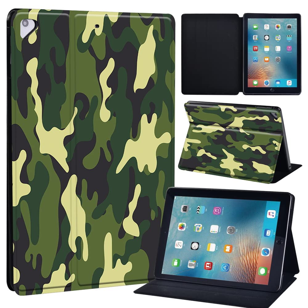 Initial Letter Leather slim lightweight Stand Cover Case for Apple New iPad 9.7 2018 2017(6th Gen, 5th Gen)/iPad Air 2/iPad Air/iPad Pro 9.7 Tablet with Auto Wake/Sleep (army camouflage)