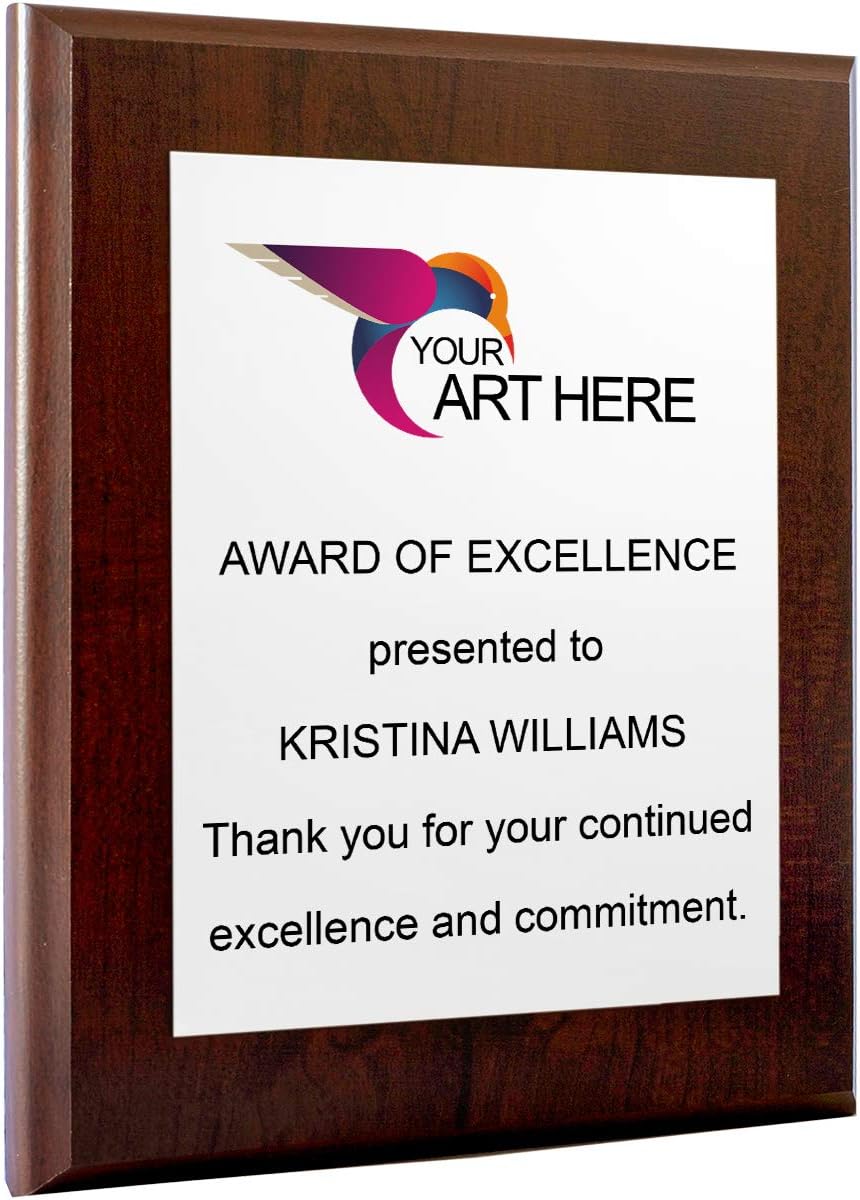 PlaqueMaker Personalized Award Plaque, Aluminum Recognition Certificate, Customized Text and Picture Options (8" x 10", White Metal, Coated Cherry Board) : Office Products