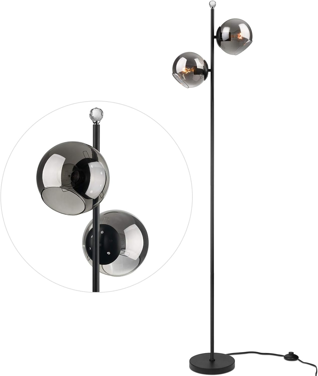SILMOIRAN Contemporary Industrial 2 Globe Floor Lamp, Plug-in Cord with On-Off Switch, Modern Indoor Pole Light for Bedroom, Living Room, Study Room or Offices (Black Finish and Smoke Gray Glass Shade) - - 