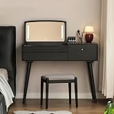 Wayshome Small Vanity Desk with LED Mirror, Fully Shippment Solid Wood Flip-top Design Dressing Table with Drawer Divider, Vintage Dressing Table Vanity Desk for Bedroom, Black, 40" D x 17" W x 31" H