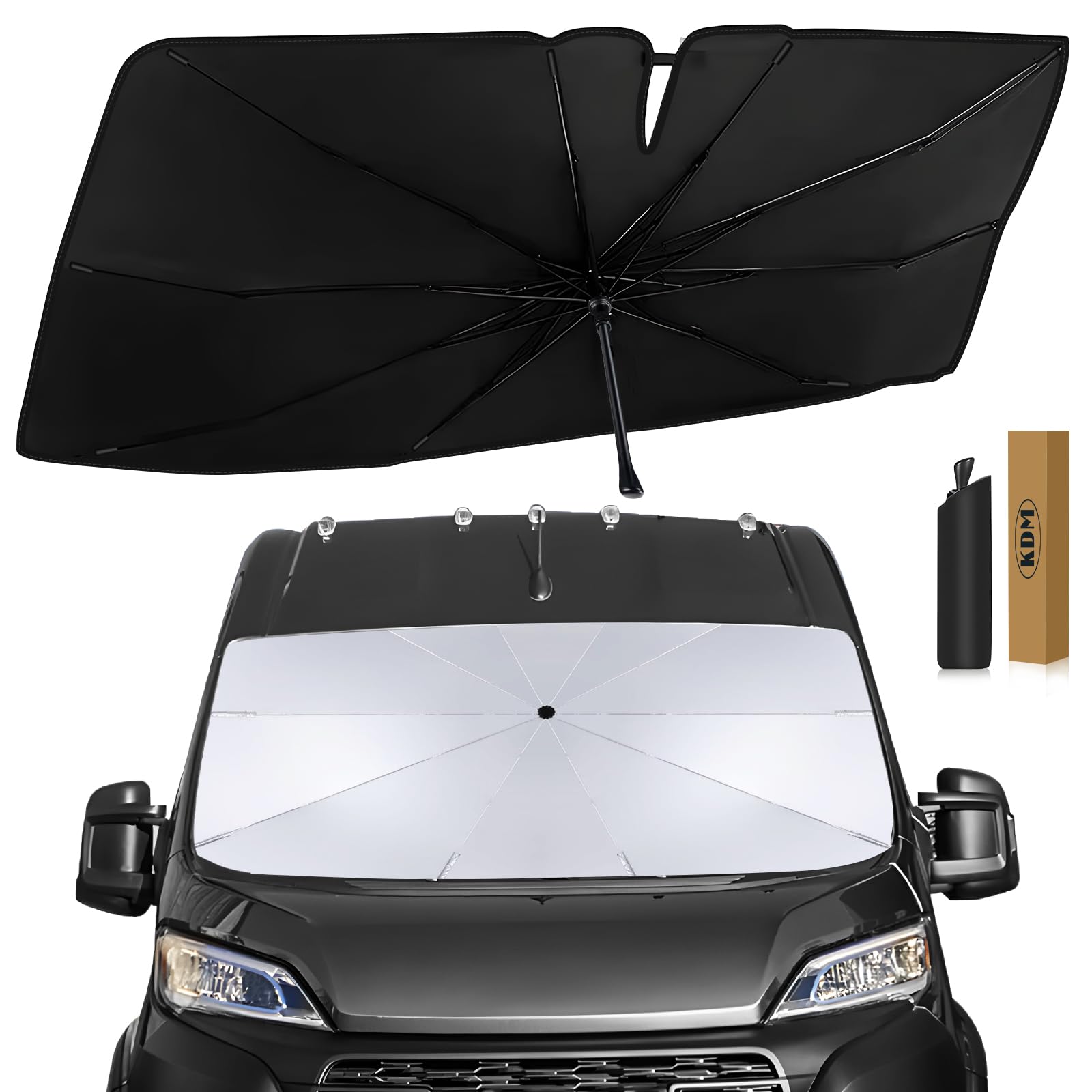 Photo 1 of KDM Umbrella Style Windshield Sun Shade Fit for 2014-2024 Dodge RAM ProMaster Full Size Cargo Van Chassis Cab Cutaway Window Van,Foldable Front Windows Sunshade Visor Protector Blocks UV Rays