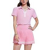 Women 2 Piece Tennis Skirt Set Pleated Golf Outfit, Polo V-Neck Athletic Dress Alternative Skort Set for Pickleball Pockets