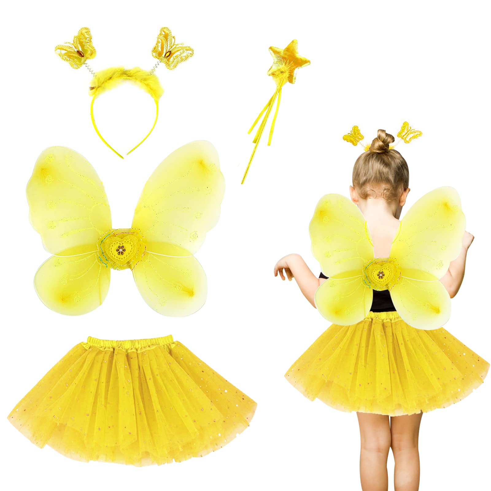 EQLEF Fairy Costume Kids, Tutu Wings Butterfly Wings Set Fairy Princess Wings Costume for Girls Girls Party Costume, Yellow, Wing approx 16.5 * 13.4 in (Yellow)