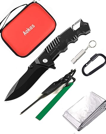Amazon Aokasアウトドア ナイフ フォールディングナイフ 多機能ナイフ シートベルトカッター リップ付き 便利携帯ナイフ 木を切り 登山 キャンプ 釣りサバイバル 防災用 専用ケースも付き Aokas 応急処置 救急箱