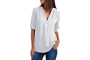 TAPANET Women Tops Summer Chiffon Blouse Short Sleeve Shirts Business Dressy Shirts Zipper V Neck Tees Button Roll Sleeve Top
