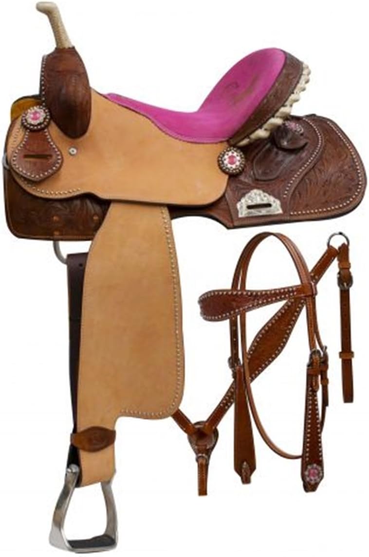 14", 15", 16" Double T Barrel Style Saddle Set with Pink Cowgirl up Seat. Full Quarter Horse Bars