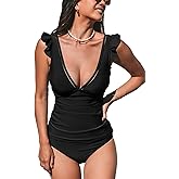 CUPSHE Women's Tankini Sets Two Piece Swimsuit V Neck Ruffled Ruched Tummy Control Ladder Trim (XS-4XL)