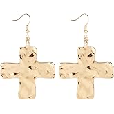 Hammered Cross Earrings for Women Gift, Premium Alloy Chunky Gold Cross Drop Earrings Large Statement Hook Dangle Stylish Women Faith Jewelry Accessories for Church, Casual, Easter & Party