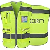 TCCFCCT Security Vest for Security Guard 9 Pockets High Visibility Reflective Safety Vest for Men Women, Durable Hi Vis Vest with Reinforced Sewing, Meets ANSI/ISEA, (G100S-Yellow, L)