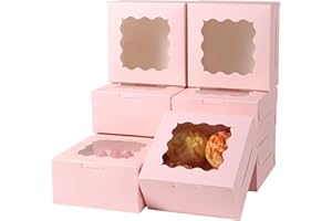 PFAMKEER 36 pcs 6x6x3 Inches Small Cake Box with Window, Bakery Pastry Cookie Boxes, Mini Pie for Pastry,Dessert,Strawberries,Chocolates, Cupcakes with paper stickers (Pink)