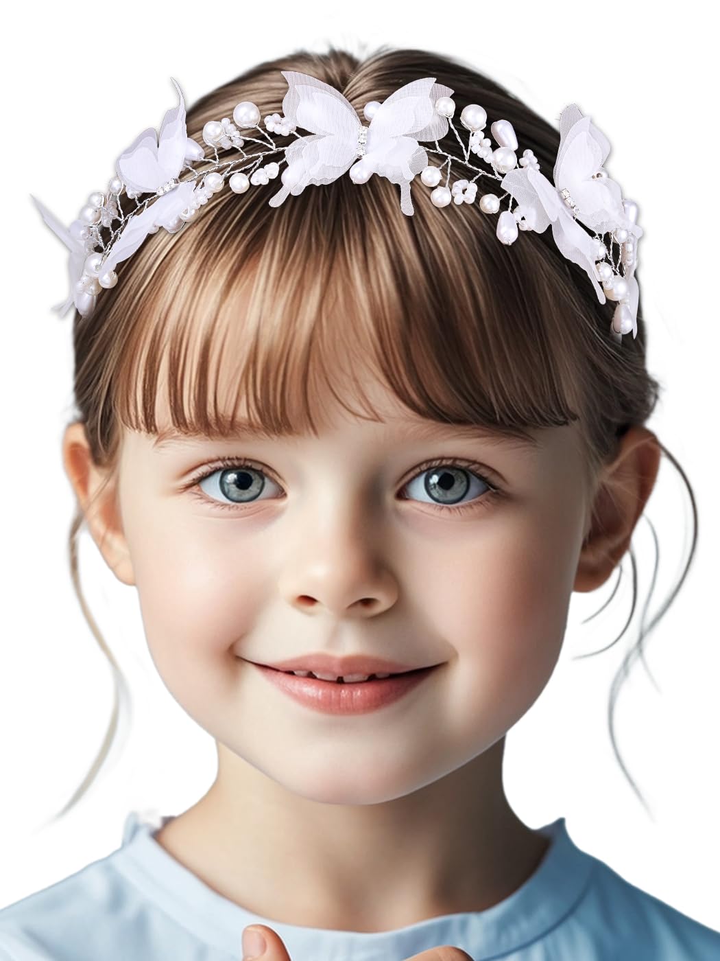 IYOU Princess Communion Headband White Butterfly Headpiece Pearls Bridal Wedding Hair Accessories for Girls