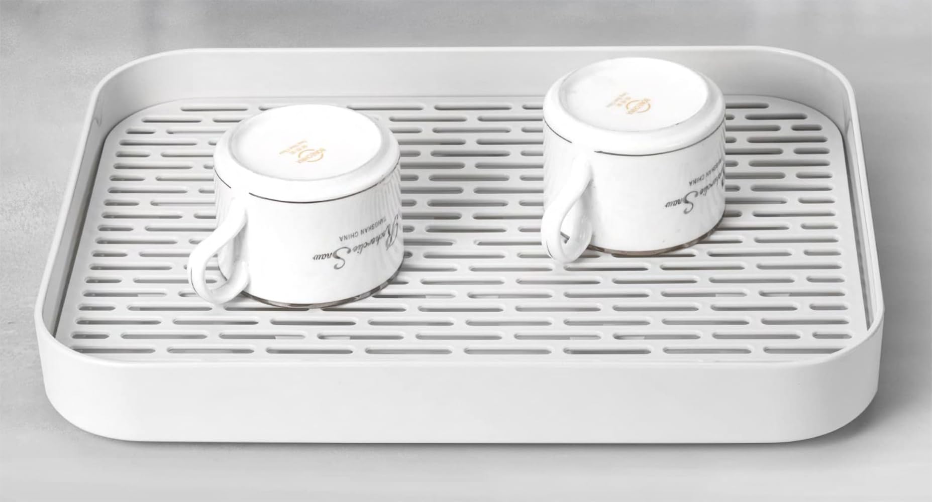 QIWODE Drainer Tray for Cups, Drainer with Drip Tray and Raised Guardrail, Drying Rack for Teacups, Mugs, Coffee Cups, Bowls, Dishes, Fruit, Vegetables, White