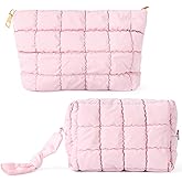 juciasouul 2 PCS Puffy Quilted Makeup Bag, Cute Cosmetic Bag for Women Pink Travel Toiletry Bag with Zipper Puffer Aesthetic Make up Organizer Pouch Portable Handbag for Women and Girls