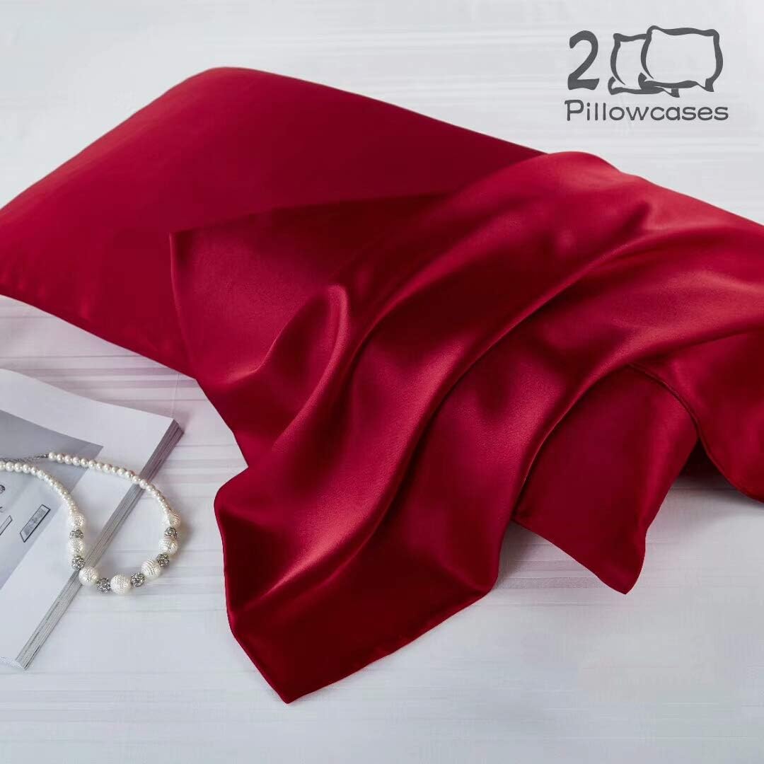 Qucasyl 2 Pack Silk Satin Pillowcase for Hair and Skin Cool Super Soft and Luxury Pillow Cases Covers with Envelope Closure (Anti Wrinkle,Hypoallergenic,Wash-Resistant),Red,King