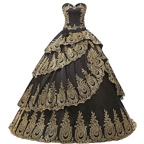 Gothic Black and Gold Lace Cake Ball Gown Prom Evening Quinceanera Dresses US 16