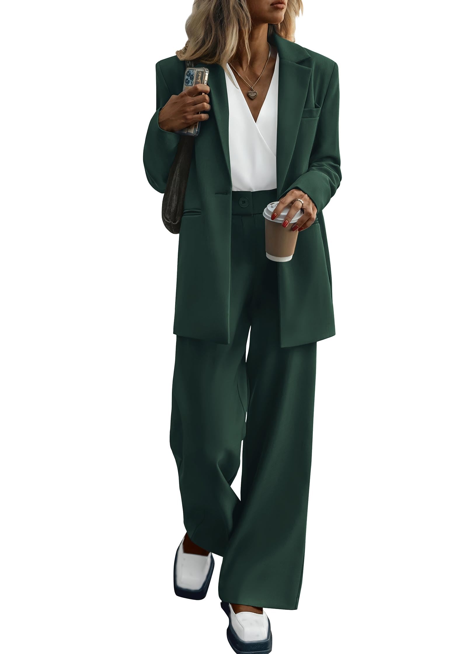Photo 1 of KIRUNDO Women Suits 2 Piece Set Business Casual Dressy Oversized Blazer Jacket and Wide Leg Dress Pantsuits Formal Outfits(Dark Green, Medium)