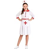 Girl's Classic Nurse Costume Dress, Apron, Red Cross Halloween Caregiver Outfit