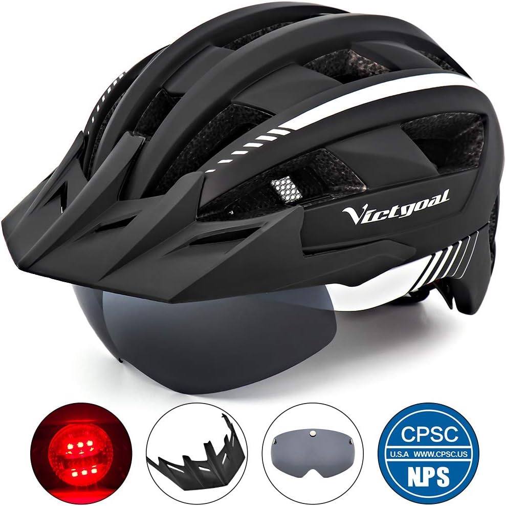 VICTGOAL Bike Helmet for Men Women with Led Light Detachable Magnetic Goggles Removable Sun Visor Mountain & Road Bicycle Helmets Adjustable Size Adult Cycling Helmets