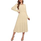 CYiNu Women's Midi Dresses Long Sleeve Crew Neck Flowy Casual Floral Boho Tiered Chiffon Smocked Elegant Dress