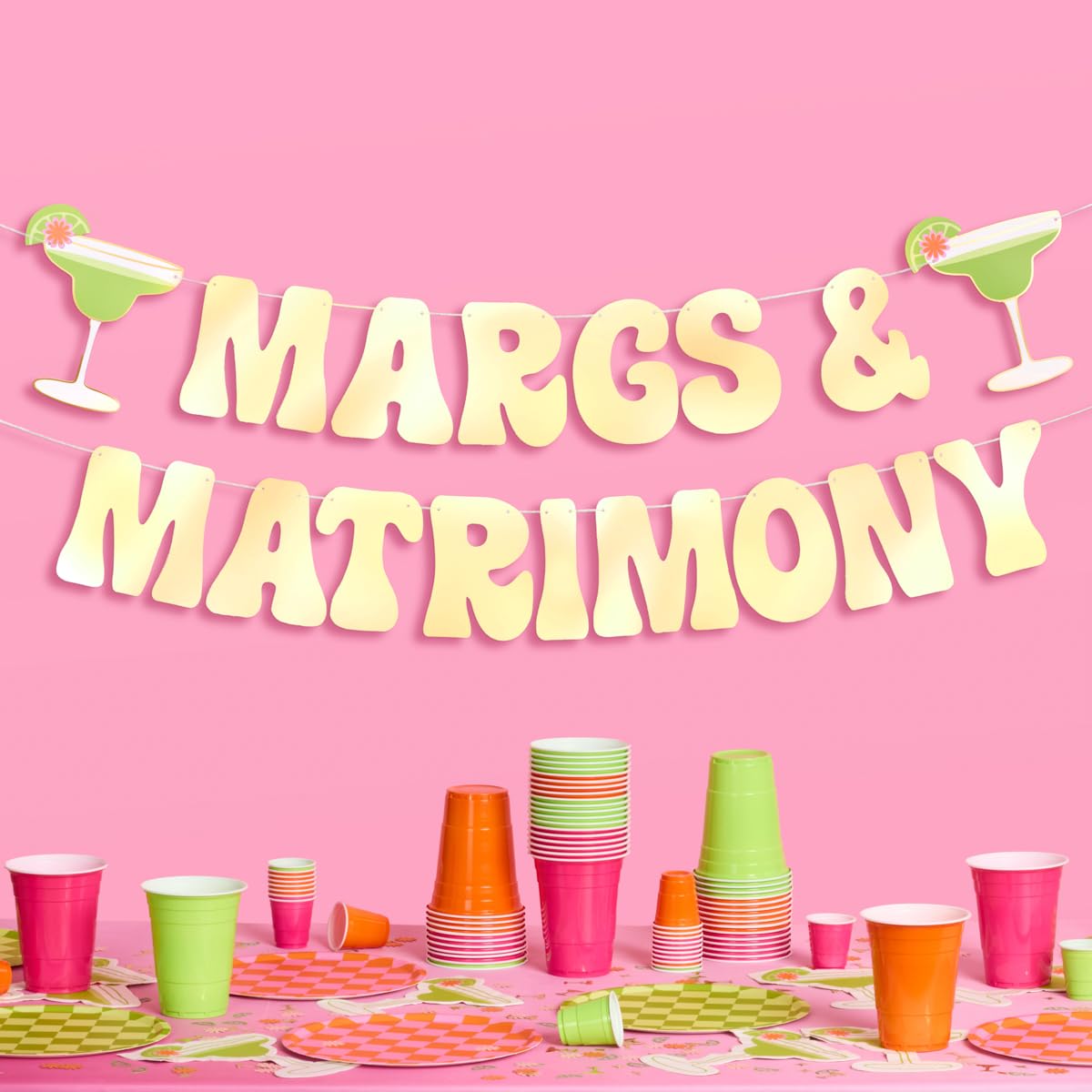 Photo 1 of xo, Fetti Margs & Matrimony Gold Foil Banner - 5 Ft. | Bachelorette Party Decoration, Fiesta Photo Booth, Summer Bride To Be Backdrop, Bridal Shower