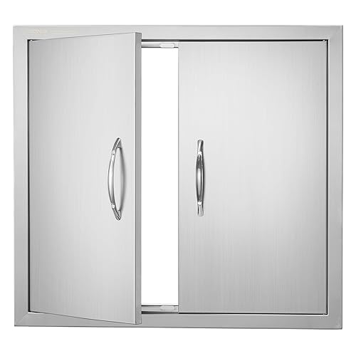 VEVOR BBQ Access Door, 26W x 24H Inch Double Outdoor Kitchen Door, Stainless Steel Flush Mount Door, Wall Vertical Door with Handles, for BBQ Island, Grilling Station, Outside Cabinet, Silver