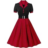 ODIZLI Women's 1950s Retro Dress Short Sleeve Notched Lapel Polka Dot Stripe Swing Dress with Belt Cocktail Dress