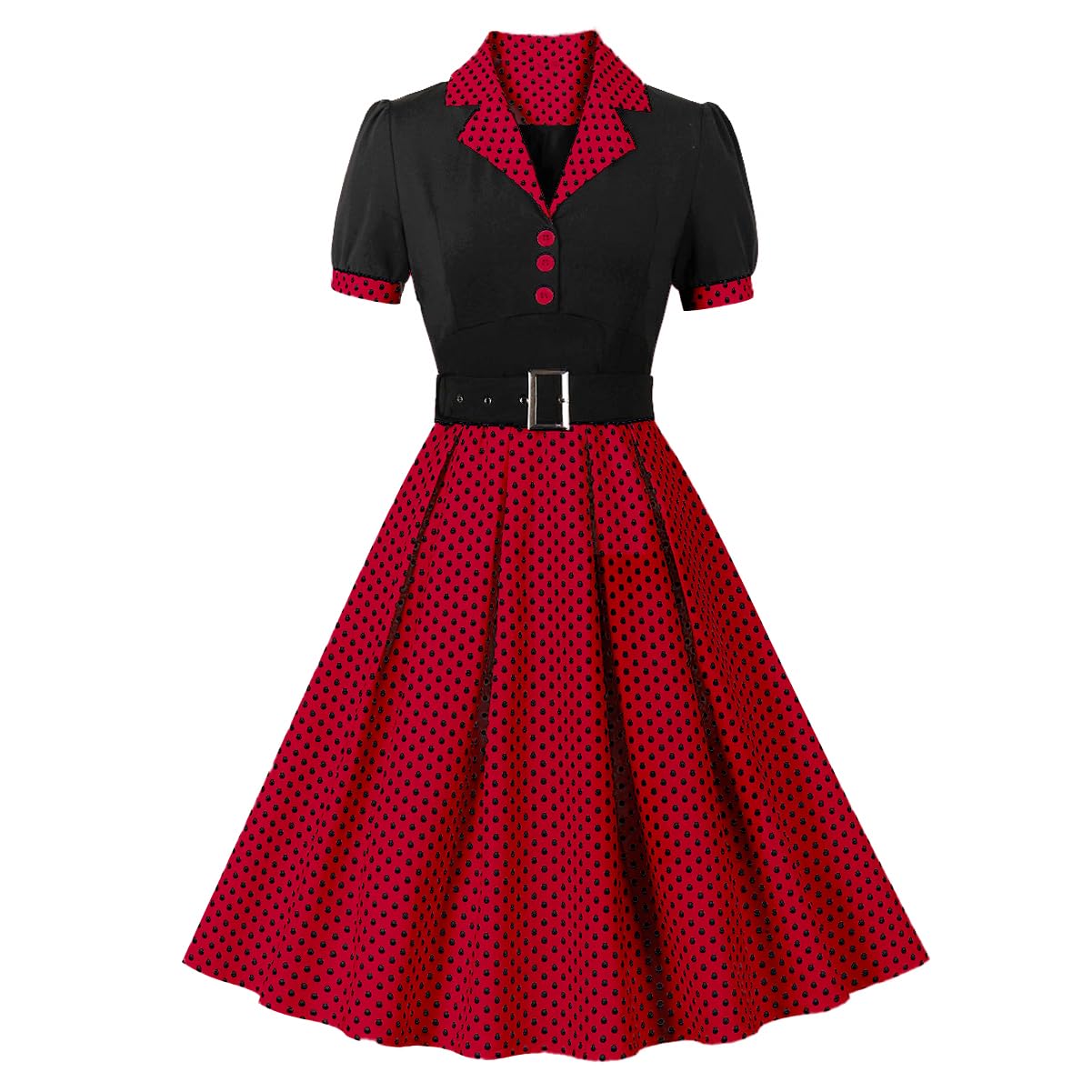 Photo 1 of 1950s Dresses for Women 50s Style Audrey Hepburn Vintage Rockabilly Retro Short Sleeve Polka Dot Summer A Line Swing Midi Skater Dress Cocktail Party Evening Prom Gown Plus Size Red Black M