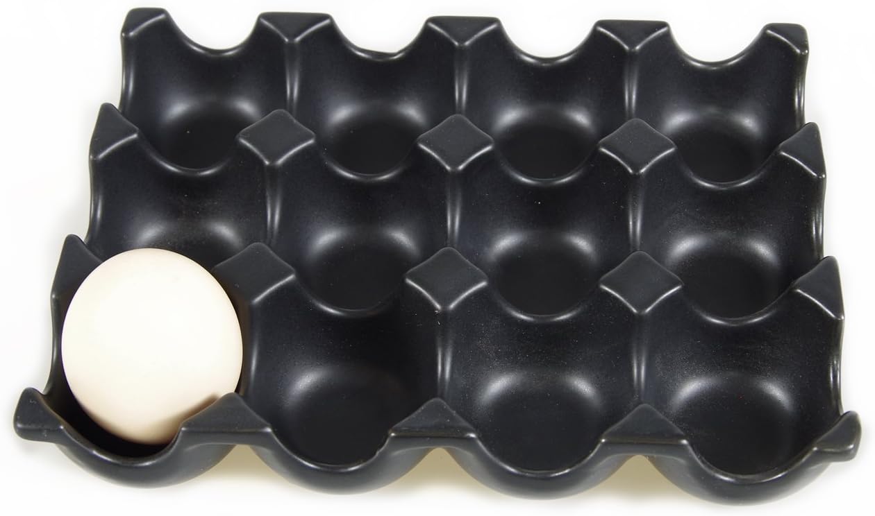 Ceramic 12-Cup Egg Holder Tray Crate for Refrigerator Storage, Black
