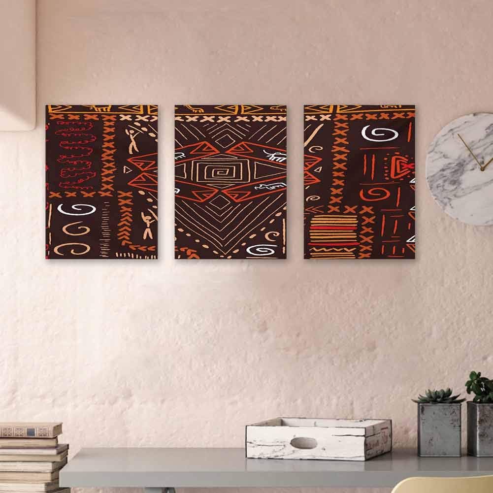 Primitive Kids Wall Art Aboriginal Style Patterns Tribal Motifs Objects Collage of Cave Pictures Print Bedroom Bedside Painting Modern Home Decor Stretched, 16"x31"x3 Panels Black Orange