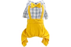 TEALOTS Dog Shirts Clothes Striped Onesies, Pet Plaid Overalls Apparel, Puppy Costumes Classic Black and White Jumpsuit with Bowtie for Small Medium Dogs Cats Boy Girl Wedding/Party (Small, Yellow)