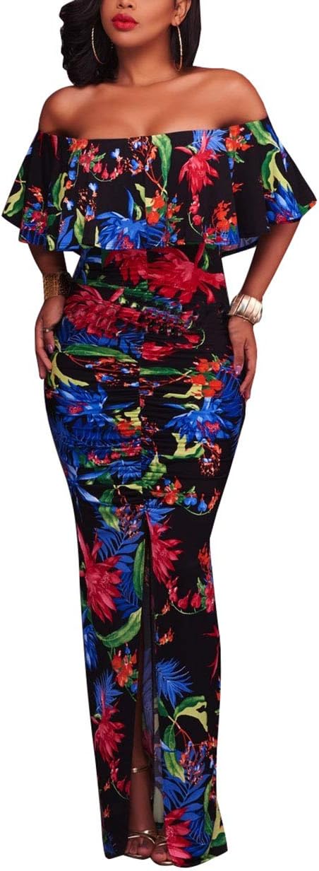 Suimiki Vintage Ruffle Plain Floral Printed Off Shoulder Bodycon Long Party Maxi Dress