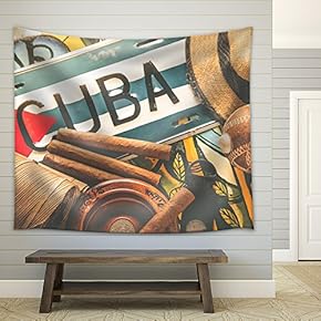 Vintage Processed Photo, Travel to Cuba Concept Background - Fabric Wall Tapestry Home Decor - 51x60 inches