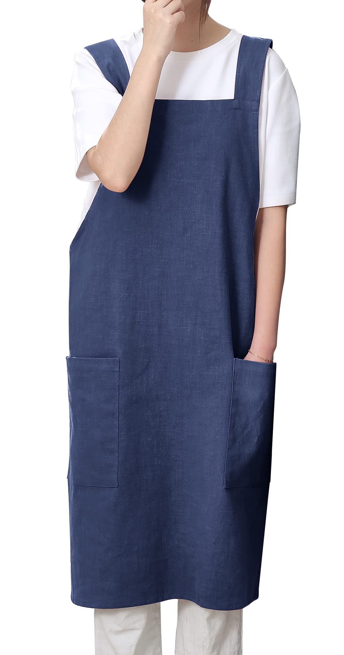 Pincy Cotton Linen Apron for Women - No-ties Cross Back Apron with Pocktes, Great for Florist, Coffee House and Kitchen(Blue) — image 1