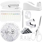 Office Supplies,White Desk Accessories,Stapler and Tape Dispenser Set for Women with Stapler,Tape Dispenser,Staple Remover,Staples,Clips,Scissors and Tabs,Gift for Students,Coworkers,Teacher,Business