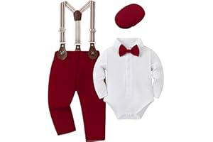 YUEMION Baby Boy Clothes Wedding Outfit Infant Tuxedo Gentleman Suits Dress Shirt+ Beret Hat +Suspender Pants +Bowtie 0-18M