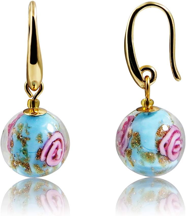 Fashion Light Blue Floral Flower Handmade Murano Glass Round Ball Dangle Earrings Golden Plated