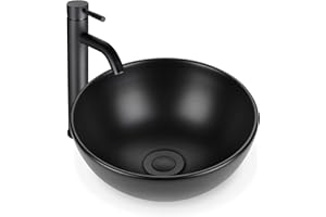 Aquaterior Bathroom Vessel Sink and Faucet Combo Round Bowl 12" Countertop Sink Kit Single Handle Stainless Steel Faucet with Drain Black