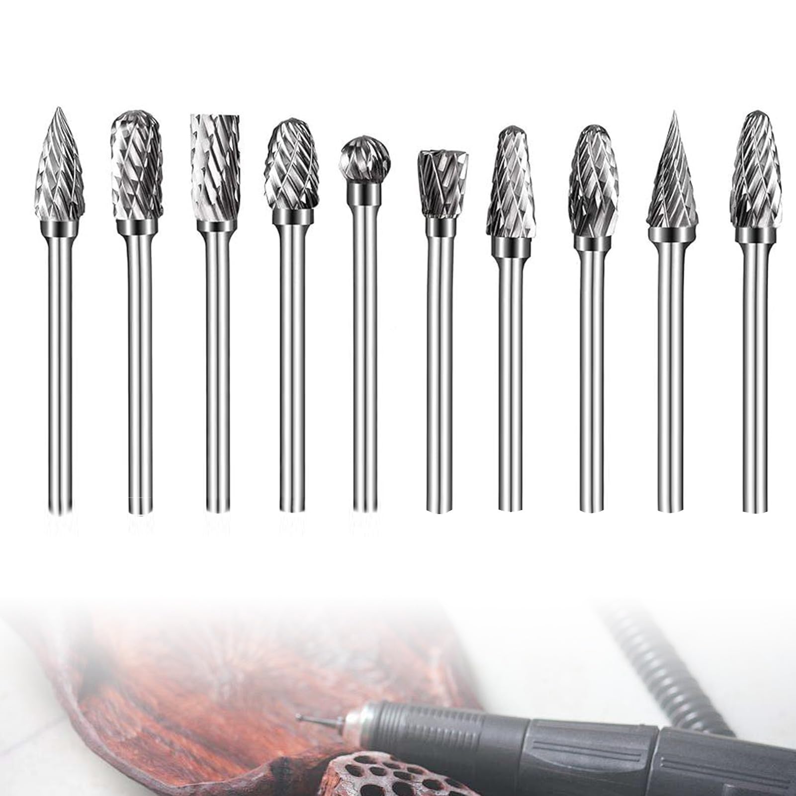 10Pcs Tungsten Carbide Steel Double Cut Rotary Burrs Set, Carbide Die Grinder Bits Compatible with Dremel Rotary Tool Accessories for Wood Metal Grinding Polishing Engraving Drilling Carving