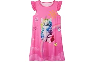 HenzWorld Little Girls Nightgown Short Flutter Sleeve Pajamas Unicorn Butterfly Nightdress Sleepwear Kids Nighties 3-10 Years