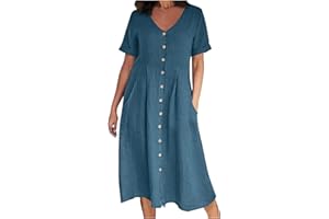 SHOPESSA Linen Dresses for Women 2024 Casual V Neck Button Up Midi Dress with Pockets Short Sleeve Flowy Summer Dress