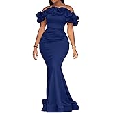 Cololura Sexy Floor-Length Off Shoulder Ruffles Stringy Selvedge Mermaid Bodycon Party Evening Maxi Dress