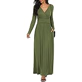 LILBETTER Women Long Sleeve Deep V Neck Loose Plain Long Maxi Casual Dress