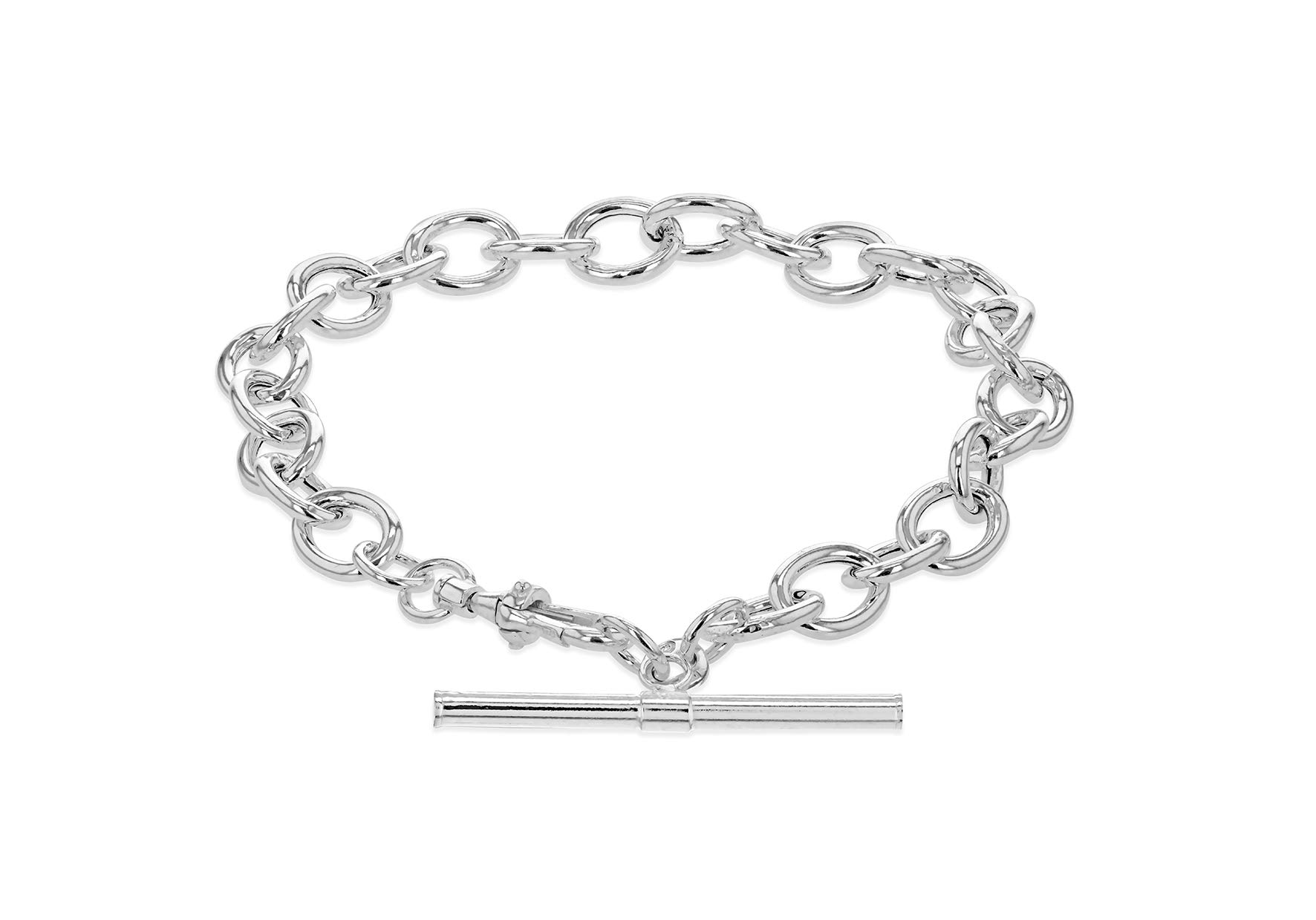 Tuscany Silver Women's Sterling Silver 31mm x 2.6mm T-Bar 7mm Belcher Chain Albert Clasp Bracelet 18cm/7'