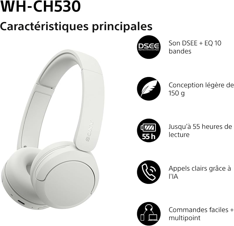 WH-CH530 Casque Bluetooth sans Fil - Blanc