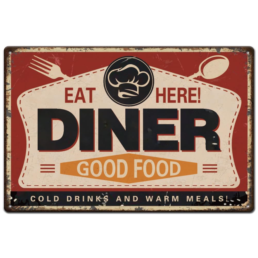 SUPERDANT Eat Here Metal Tin Sign Funny Dining Signs and Plaques Retro Tin Sign Vintage Country Art Sign for Home Kitchen Restaurants Cafes Bars Pub Man Cave Wall Decor Plaque Sign