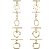 PH PandaHall 18K Gold Toggle Clasps, 4 Styles T-bar Closure Clasps Flower Heart Rectangle Oval IQ Toggle Clasps Findings Connector for Necklace Bracelet Jewelry Making, 8 Sets