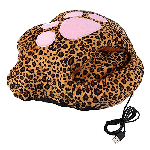 UZZO New Fashion Cat Paw Big Feet Cartoon Pattern USB Heated Plush Shoes Electric Foot Warmer USB Powered slippers shoes,Multi-use Hand Warmer Pillow Cushion (Leopard)
